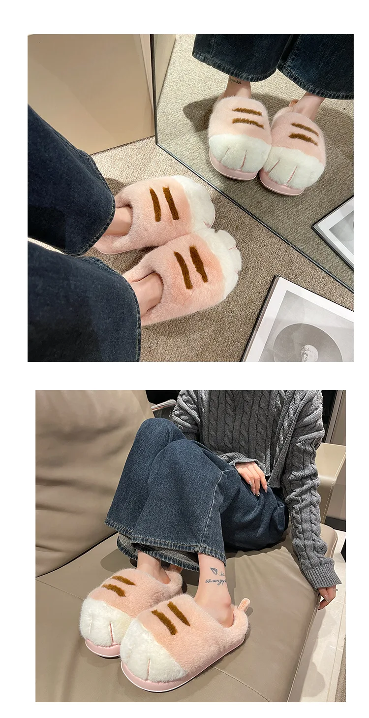 Ins Katzenpfoten-Hausschuhe für Erwachsene, Winter-Flip-Flops, warme Fell-Slides, flauschige Kätzchen-Hausschuhe, Unisex-Hausschuhe mit Tierkrallen-Design, Herren – Detail 11