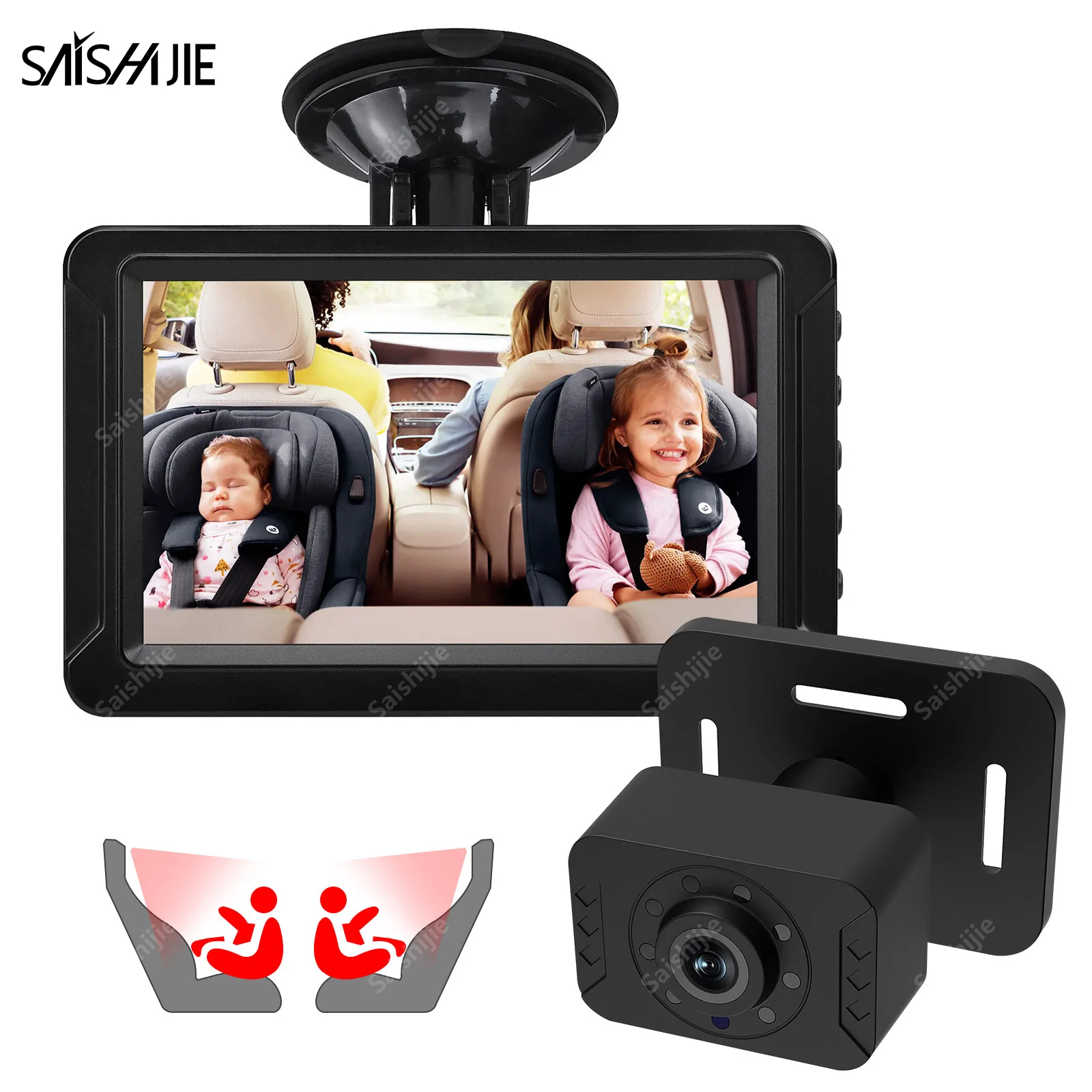 

Baby Car Camera 5" IPS Baby Monitor Kit Night Vision Wide Angle Plug and Play 360° Rotatable Rear Facing Safety Car Seat Camera