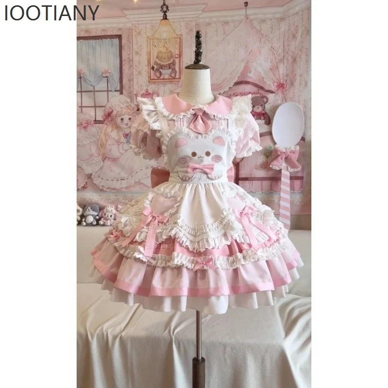 Cute Pink Patchwork Bubble Sleeve Lolita Cat Dress Japanese Sweet Slim-fit Bow Tie Thin Strap Dress Suit Collar Short Shirt Set
