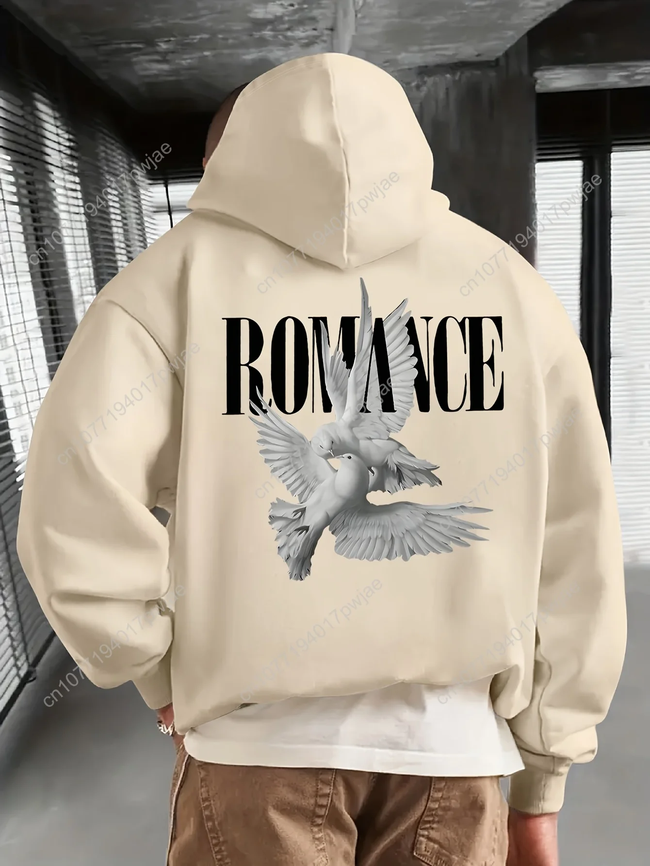 Moletom casual masculino com capuz e estampa gráfica "ROMANCE" – ajuste solto, manga comprida, bolso frontal, perfeito para outono/inverno, cas