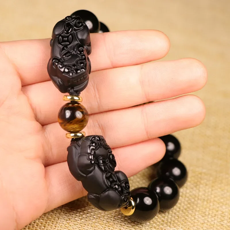 

Natural Black Obsidian Bracelet Tiger Eye Stone Double Pixiu 10 12 14 16mm Lucky Brave Troops Women Men Jewelry Drop Shipping