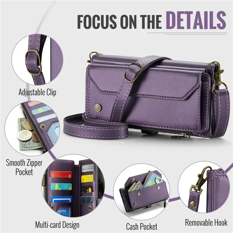 Lanyard Leather Flip Wallet Card Case for Samsung Galaxy S25 S24/23/22 Ultra Plus FE For Magsafe Wireless Charge Crossbody Cover