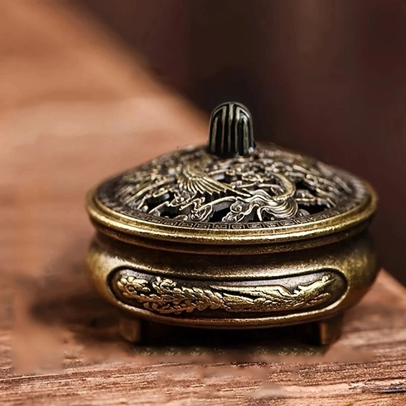 Antique brass pocket incense burner mini hollow incense ornament ancient Chinese tea table decoration dragon and phoenix