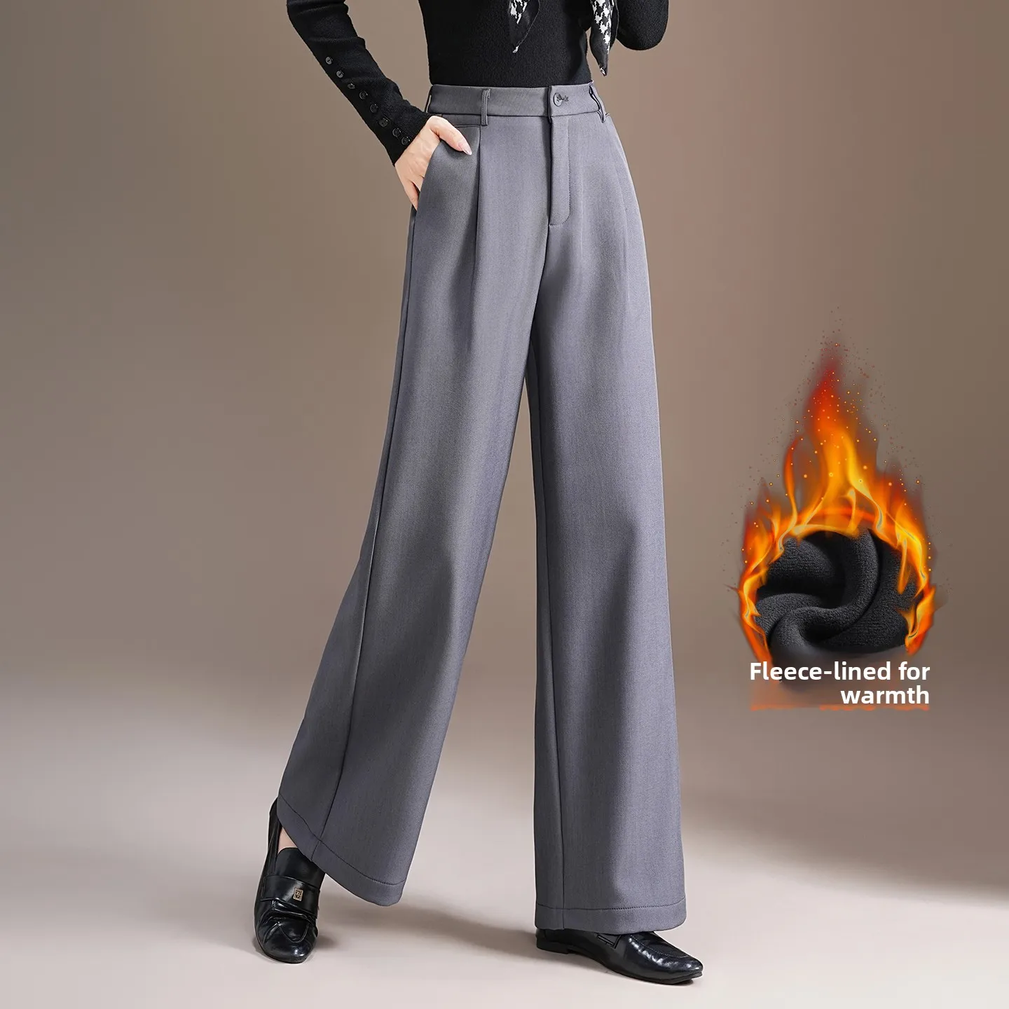 

Gray Fleece Lined High Waist Wide Leg Suit Pants Women's Commute Style Slimming Drapey Straight Cut Polyester Fiber Casual Tr...