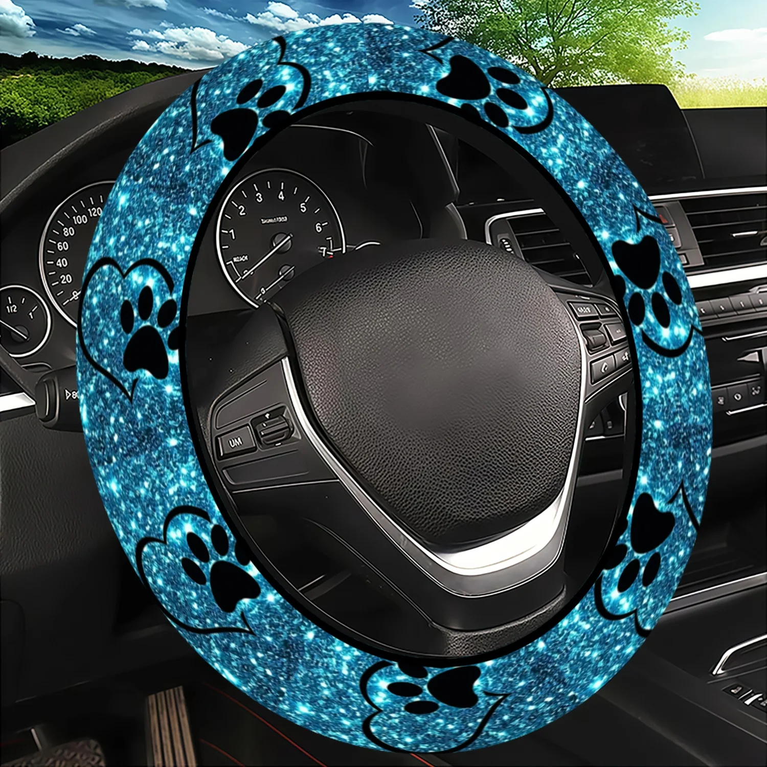 

1pc Paw-Print Steering Wheel Cover, Glittery Blue Style, Universal Fit for SUVs Cars, All-Season Use, Long-Lasting Durable