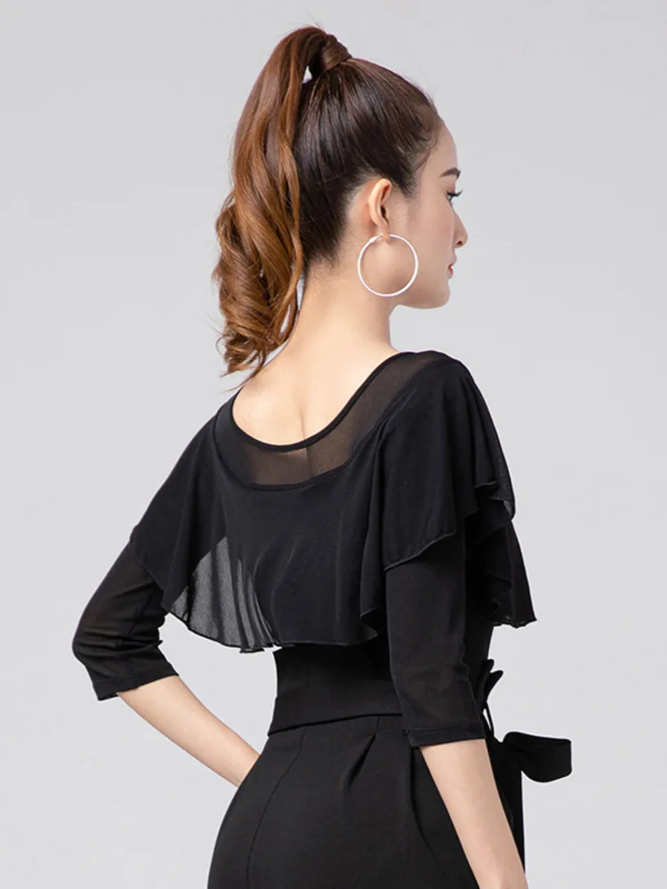 المرأة اللاتينية الرقص ارتداءها شبكة المرقعة انتفض الأكمام سليم صالح السالسا التانغو قميص تمتد تنفس الأداء ممارسة أعلى