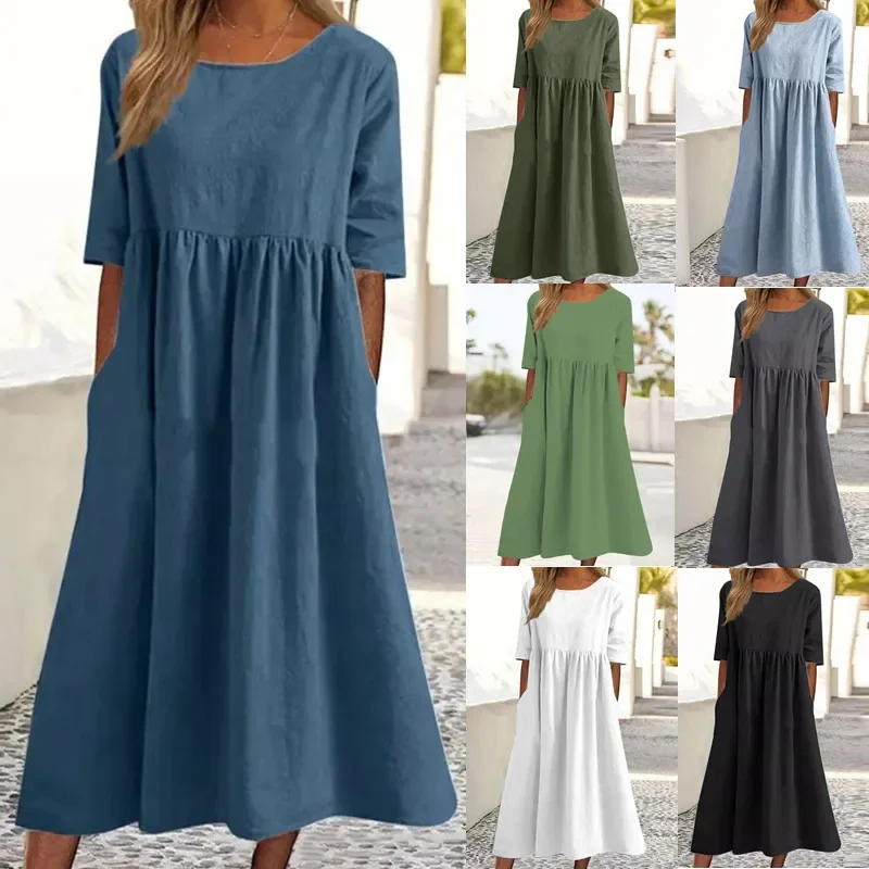 

2025 Summer Cotton Women's Dress Oversize Grey O-neck Short Sleeves Dresses Female Elegant Casual Fashion Loose Ladies Clothes