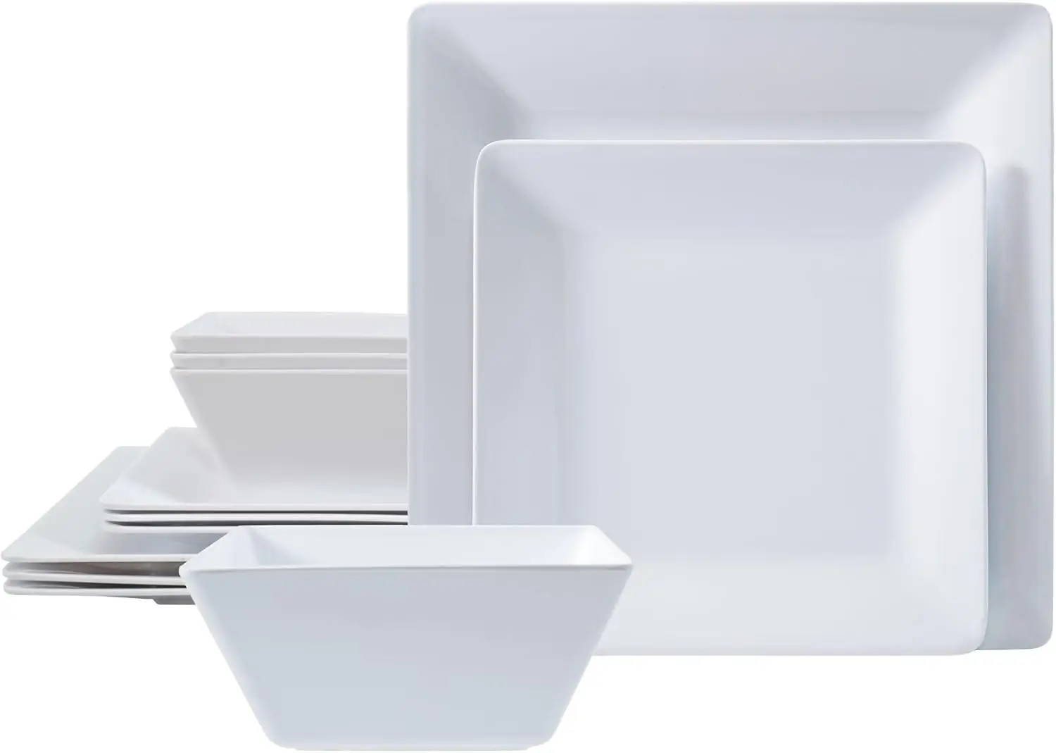 

12-Piece Square Melamine Dinnerware Set for 4, Unbreakable and Lightweight with Bowls and Plates in White