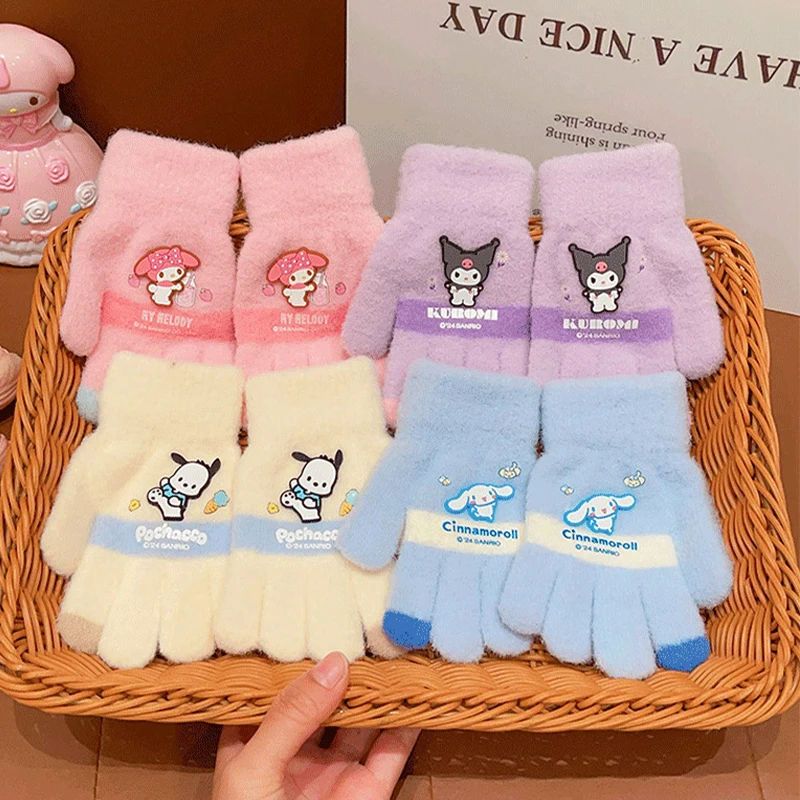 Kawaii Sanrio Hello Kitty Gloves Kuromi My Melody Cold-Proof Winter Finger Gloves Plush Screen Touch Warm Children Toddler Gifts