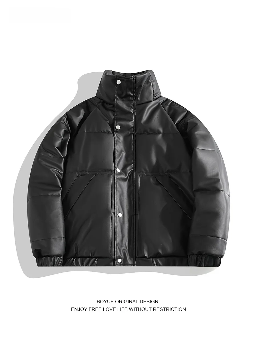 

Boyue Faion PU Leather Stand Collar Cotton Jaet for Women Warmth Winter Outerwear for Couples Youth Casual Sle Zipper C...