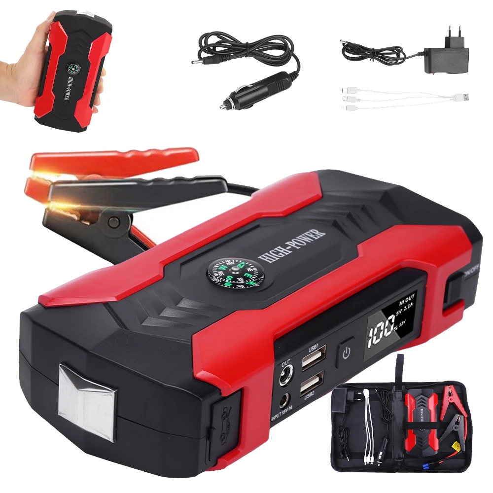 Démarreur de voiture intelligent 28000 mAh avec écran LCD numérique, protection de sécurité complète 12 V, connexion anti-inversion, double USB à charge rapide, lumière d'urgence LED, booster de secours routier portable