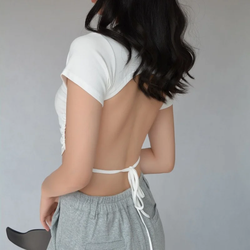 

Spicy Girl Round Neck Short T-Shirt Women'S Sexy Tight Strap Backless Niche Short Sleeved Top