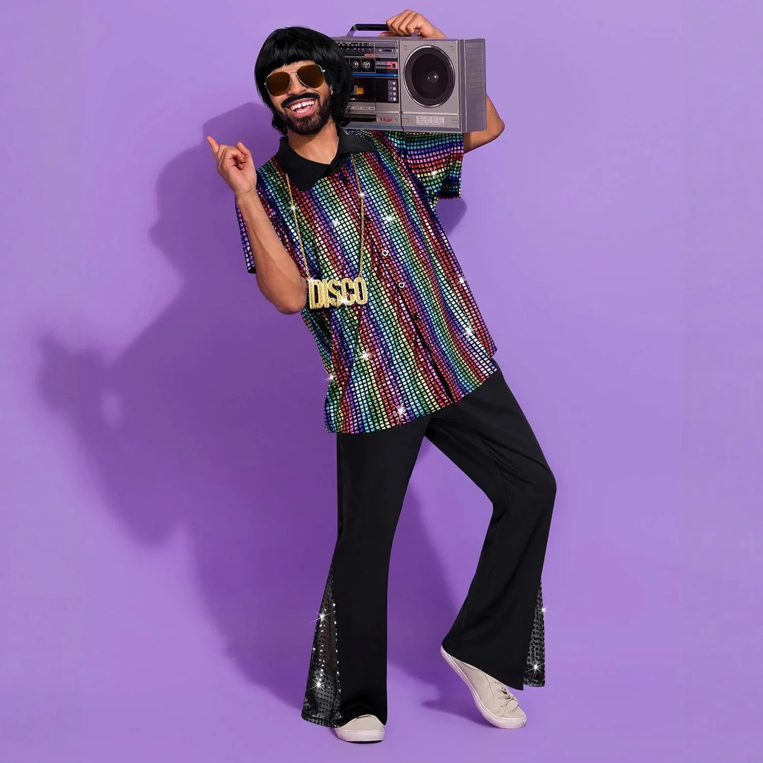 جديد 6 قطع الرجال ديسكو الملابس الرجعية متوهج السراويل قصيرة الأكمام قميص الملحقات