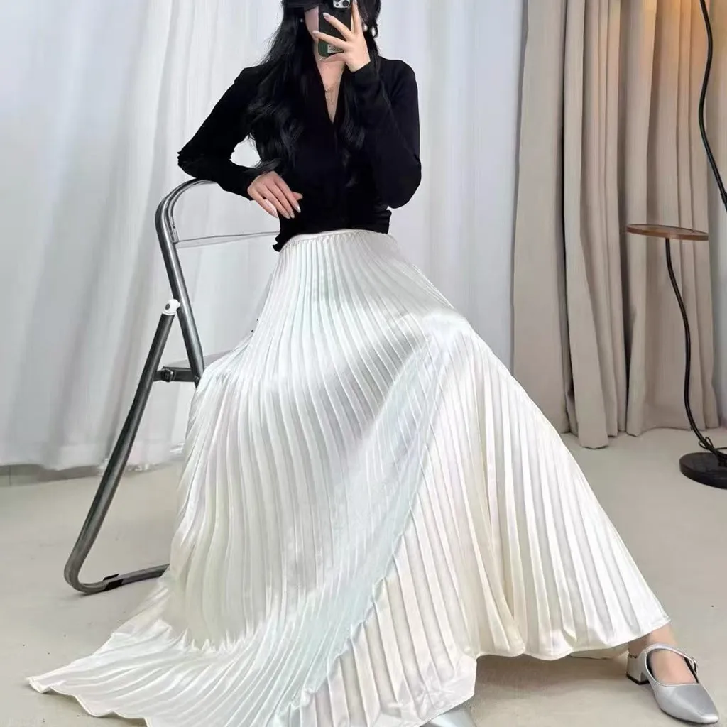 Glossy Satin Pleated Long Skirt Women High Waist A‑Line Big Swing Maxi Skirt Elegant Evening Party Floor‑Length Skirt