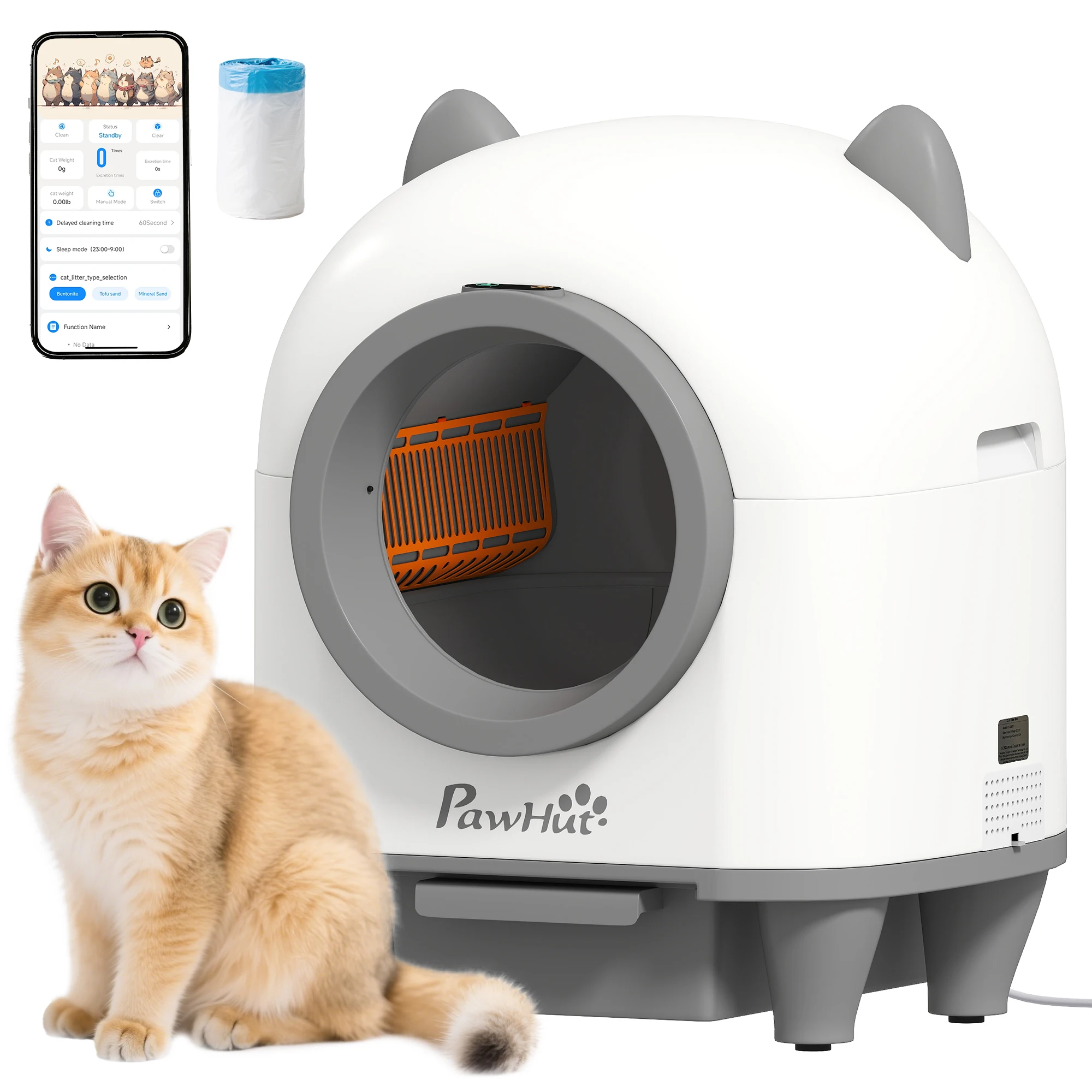 Arenero Gatos Autolimpiable 80L Eliminación de Olores Control de APP Protección de Seguridad 1 Rollo de Bolsas de Basura