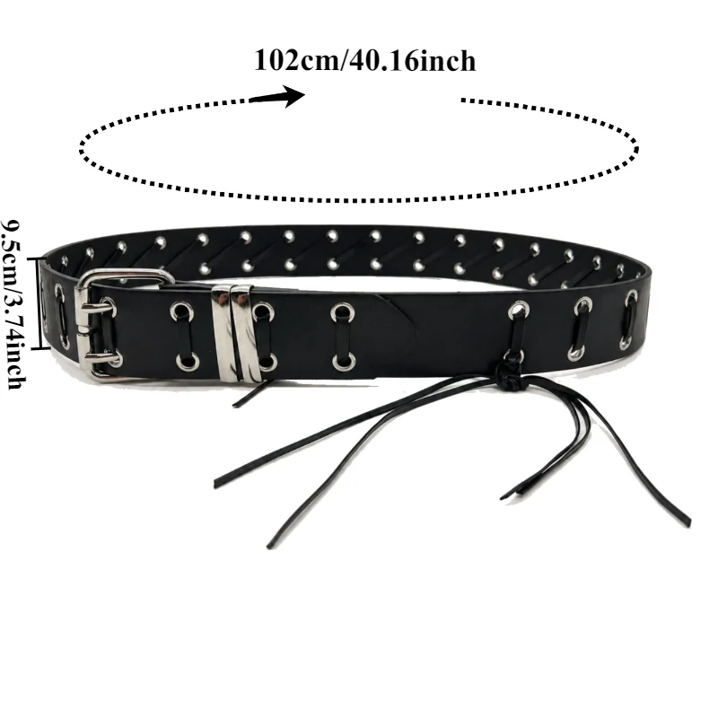Fashionable Women's Wide Belt with Double-Row Eyelets Drawstring and Fringe American Retro It Girl Style with Double-Bar Buckle