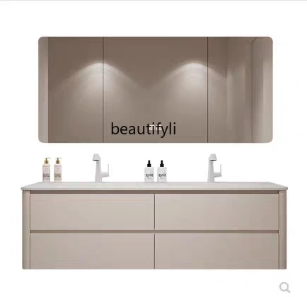 

Stone Plate Seamless Ceramic Double Basin Bathroom Cabinet Combination Solid Wood Large Apartment Wash Basin Washbasin