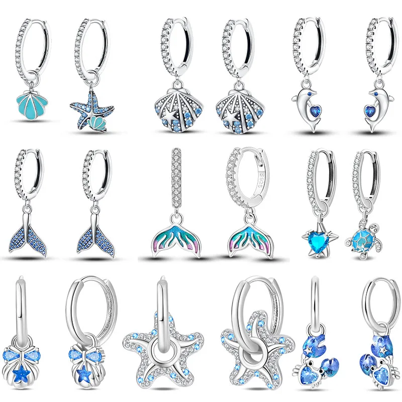 

Новые серьги из стерлингового серебра 925 пробы серии Blue Ocean с морскими звездами и ракушками для женщин, блестящие свадебные и помолвочные серьги-звезды, ювелирные украшения, подарки
