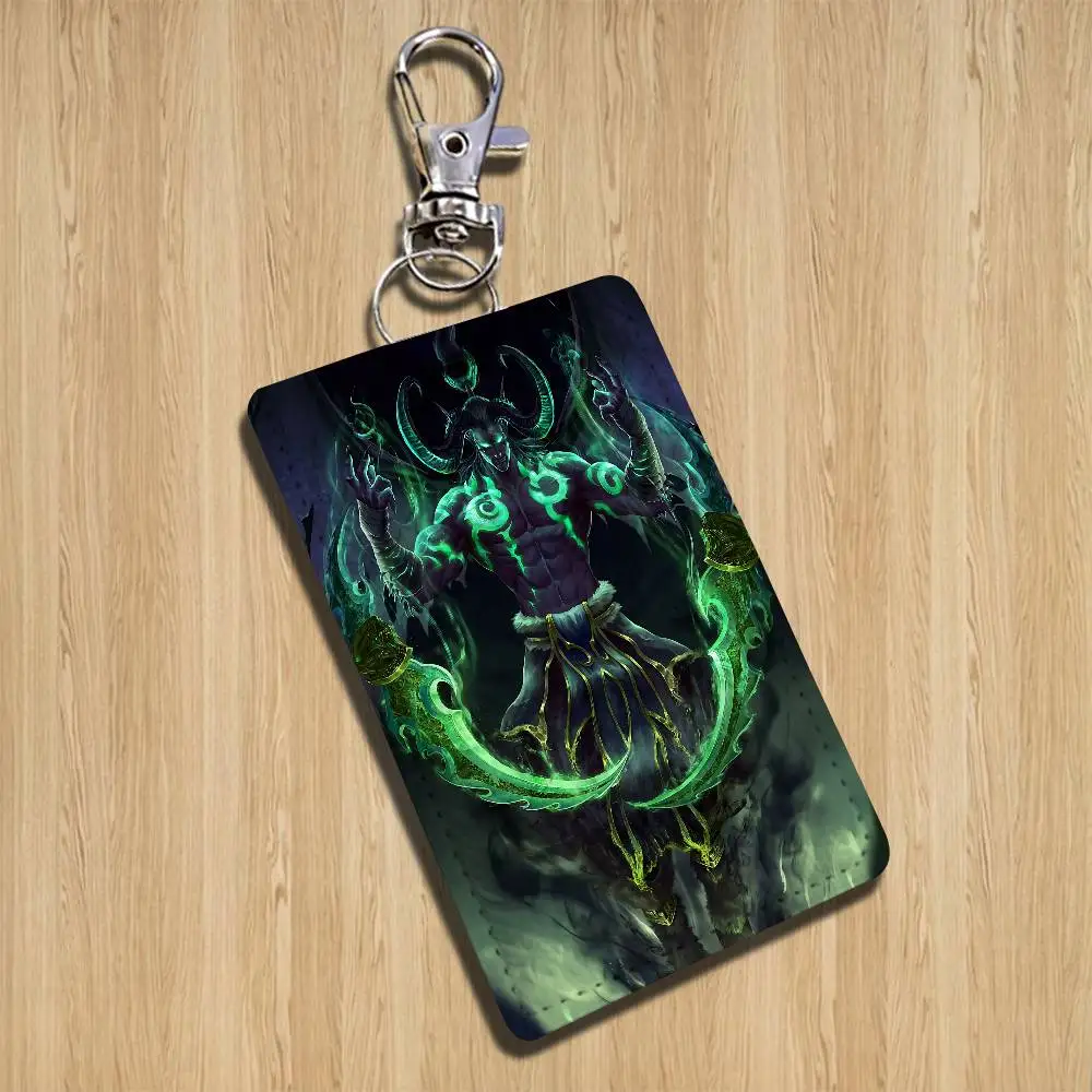 GAME W-World Of Warcraft-ES Rectangle ID Card Case Keychain Access Card Bag Key Tag Ring Leather Card Holder Key Ring Access