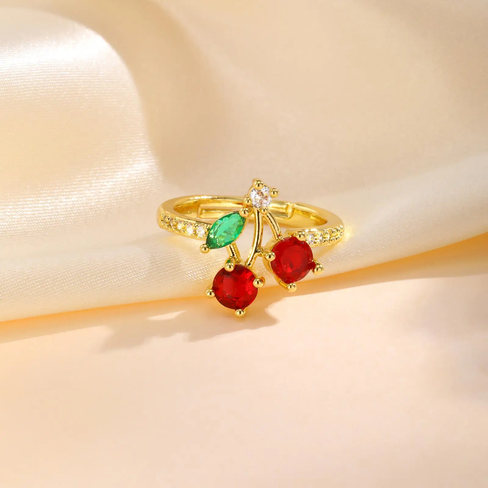 Женское кольцо с блестящим цирконом и красной вишней, регулируемое кольцо из меди с покрытием из 14-каратного золота, шикарные роскошные украшения для подарка подруге