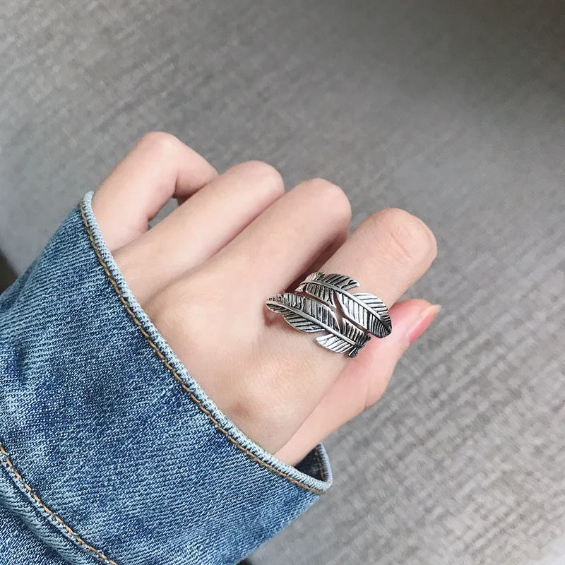 

925 Sterling Silver Feather Adjustable Ring for Fashion Women Men Party Vintage Fine Jewelry Accessories Gifts Wholesale