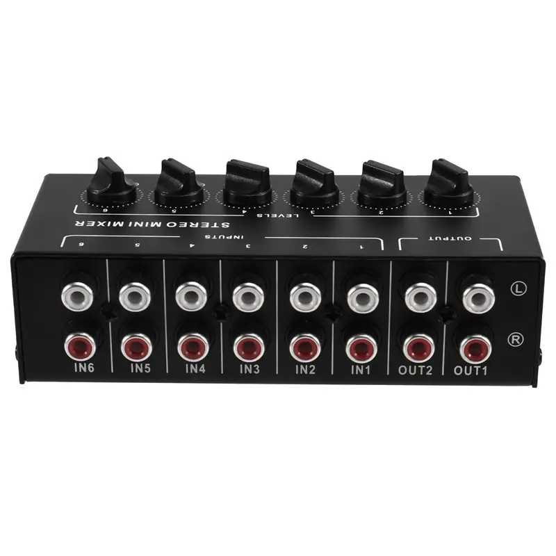 AA60-ستيريو 6 قناة خلاط سلبي RCA جهاز مزج الصوت المحمول 6 في 2 خارج موزع ستيريو التحكم في مستوى الصوت لا يتطلب بطارية