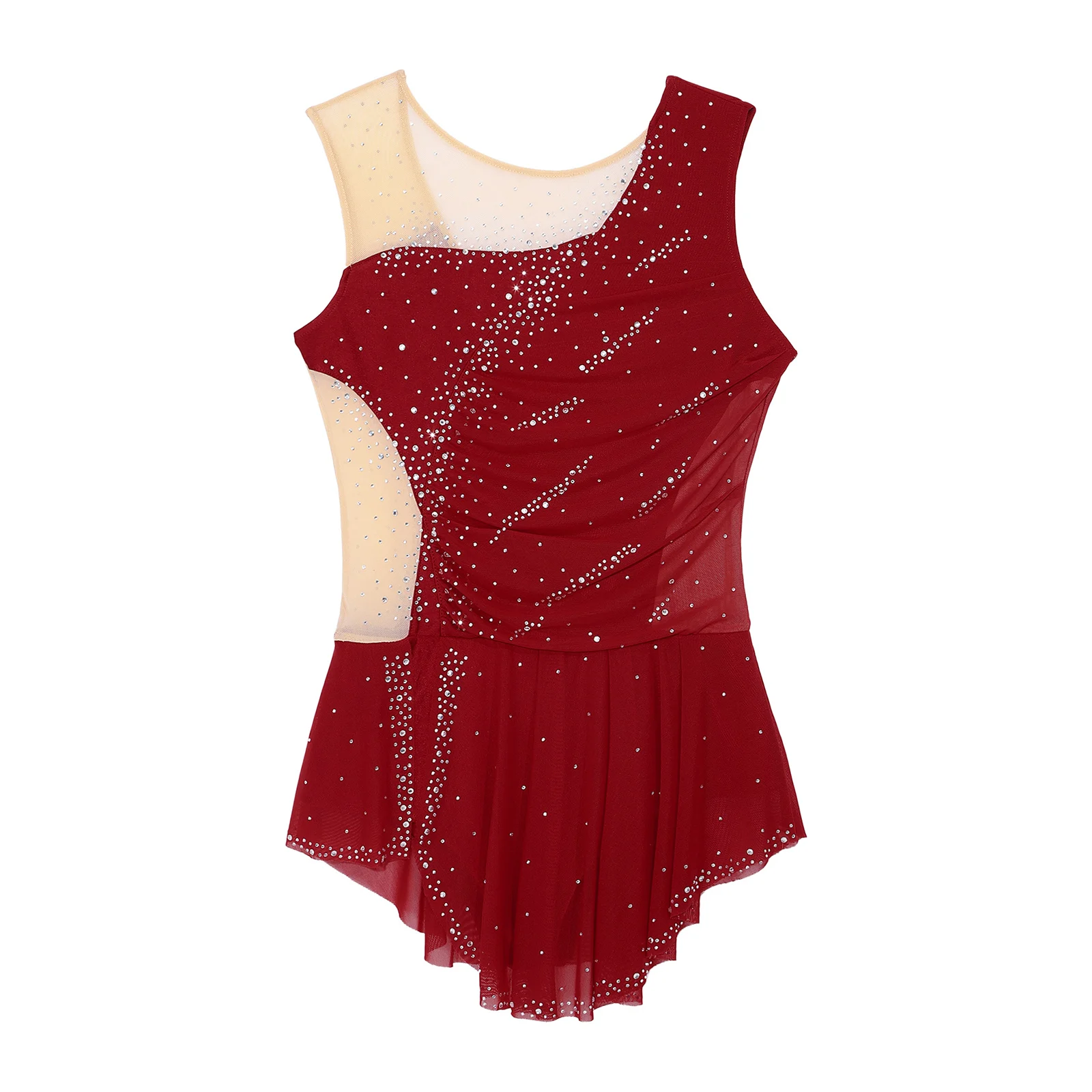 Damen-Rhythmische-Gymnastik-Trikots, Eiskunstlauf-, Ballett- und Lyrischer-Tanz-Kostüm, Kleid mit Strasssteinen, Raffungen, Netzstoff-Patchwork und Seitenschlitz – Detail 16