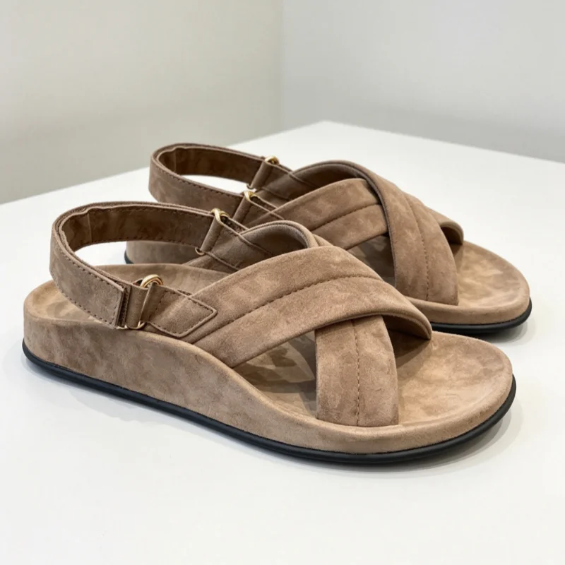 New Summer Cowhide Women'S Flat Shoes Breathable Round Toe Hollow Sandals Solid Color Open Heel Casual Shoes