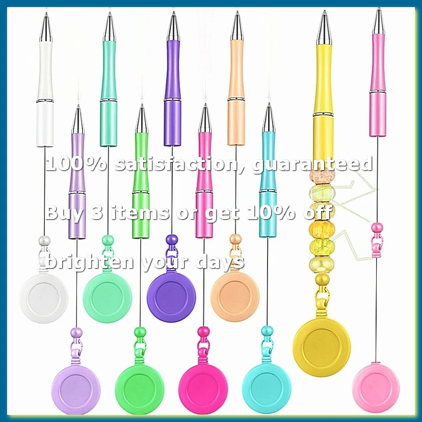 10 Pcs Beadable Pens Black Ink Bead Pens DIY Pens Retractable Badge Reel Pen Ballpoint Pull Clip Pen for Office Teacher