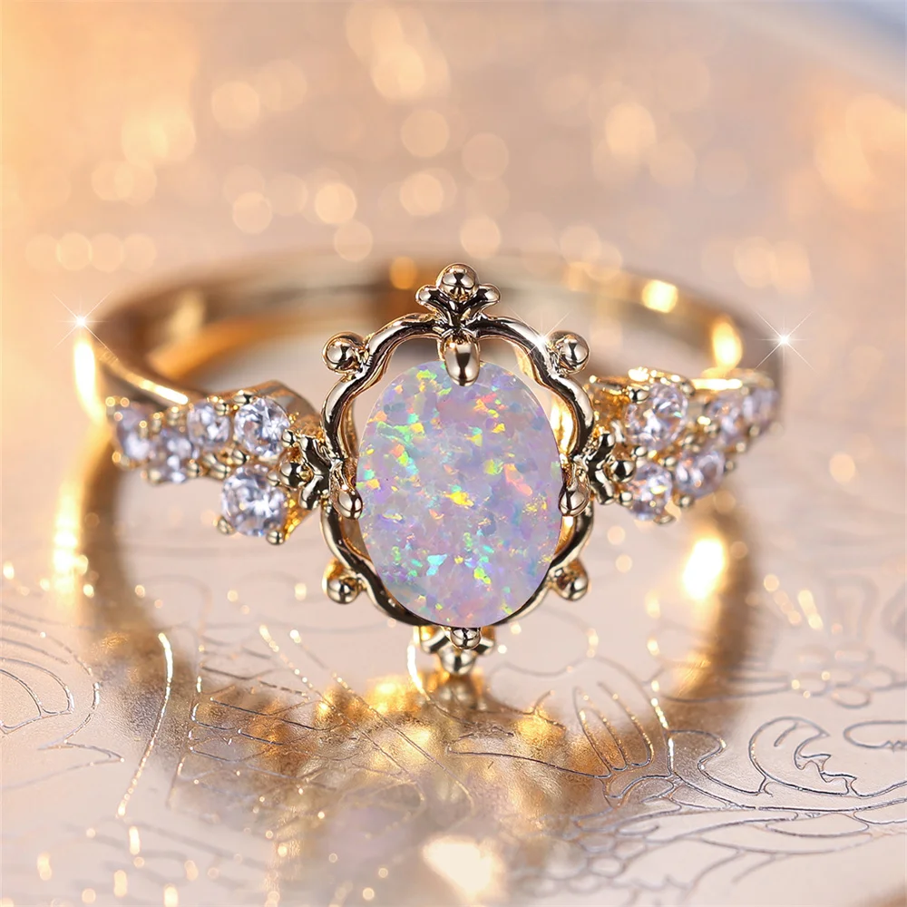 White Fire Opal Oval Stone Flower Rings For Women Vintage Gold Color Bridal Wedding Ring Birthstone Jewelry Engagement Band Gift