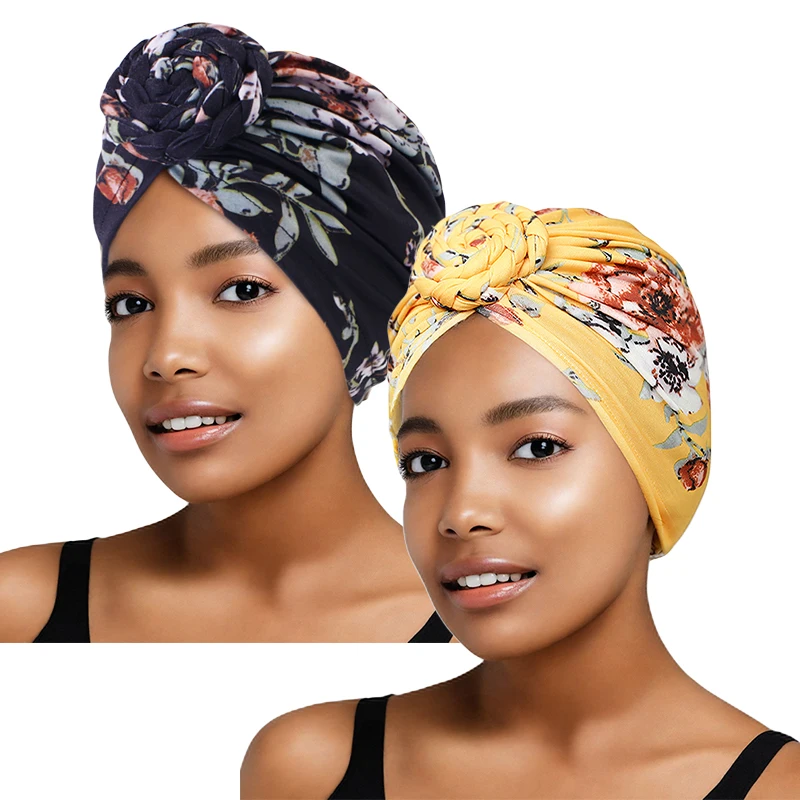 2PCS/LOT Muslim Turban Hat Women African Twist Knot Flower India Hat Beanie Hijab Bonnet Headscarf Bandanas Head Cover Wrap Hat