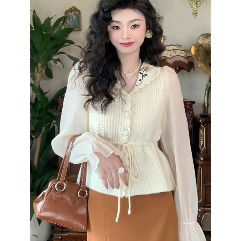 Chiffon patchwork knitted bottom shirt for women spring cardigan 2023 unique top long sleeve beautiful sweater cardigan female