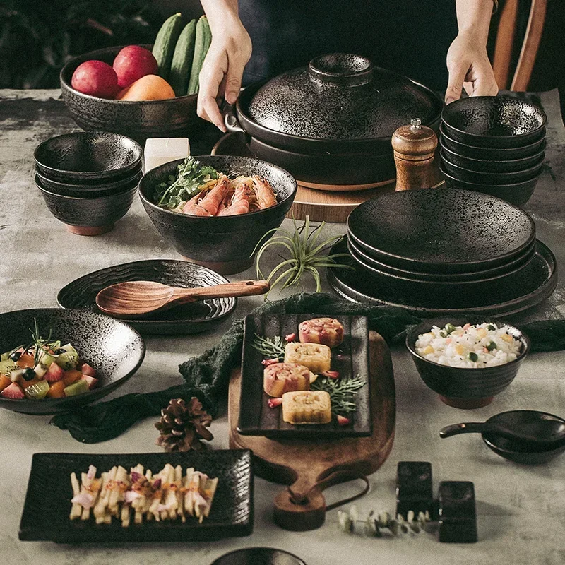 Japanese-style cutlery set, Japanese style household black retro Nordic ceramic plate