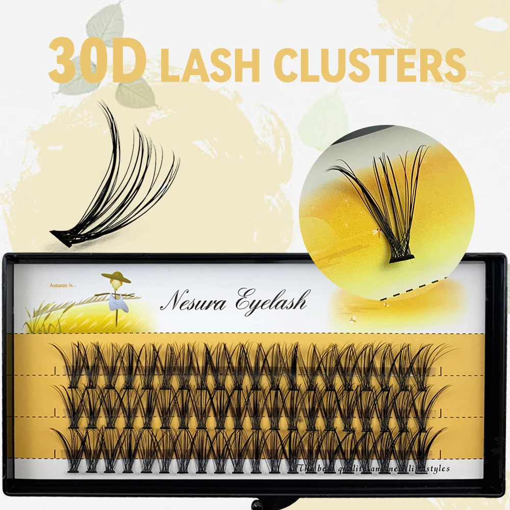 Cluster Lashes Extensions 30D 14mm Mink Individual DIY Natural Long Fake Eyelashes Segmented Fans 3 Rows Handmade Faux Fluffy