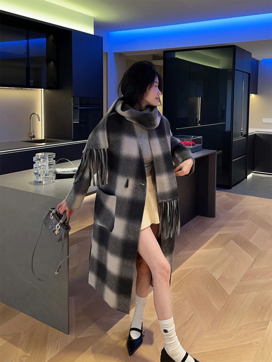 

Двустороннее шерстяное пальто в клетку средней длины в корейском стиле для повседневной носки, новинка зимы, женская верхняя одежда