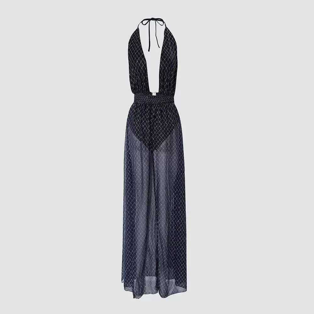 Vestido completo feminino vestidos de festa divisão pura halter pescoço sem mangas rendas até verão maxi vestido 2025 feminino sexy vestidos de impressão