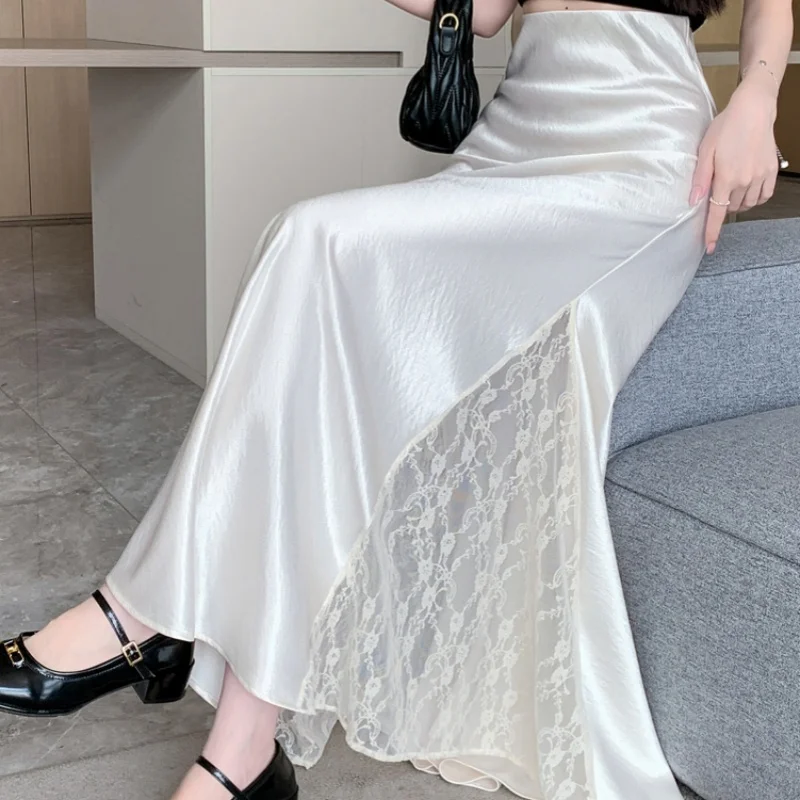 

REALEFT Spring Summer Satin Women's Long Skirts 2025 New High Waist Side Lace Patchwork Elegant Straight A-line Skirts Womens