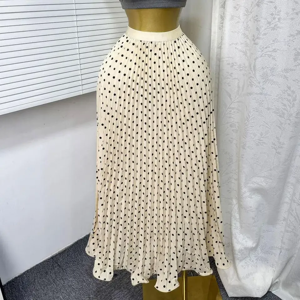 High Waist Skirt Women’s High Waist A-line Maxi Skirt Pleated Dot Print Long Skirt Elastic Waist Hem for Work Leisure Slim Leg