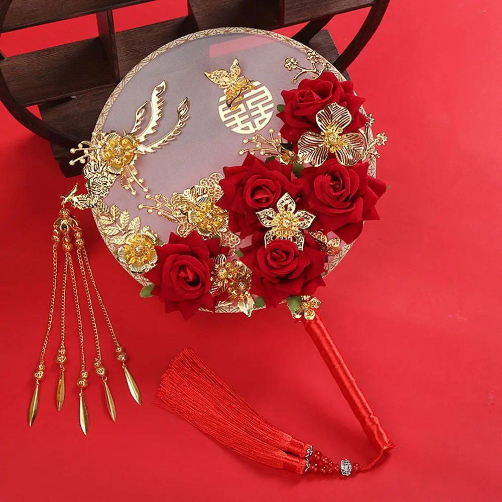 Round Chinese Wedding Decoration Prop Vintage For Bride Gold Red Bridesmaid Fan Bouquet Decor Craft Photography Ornaments