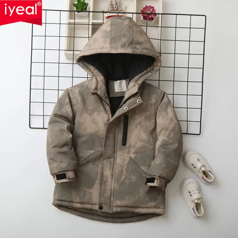 

IYEAL детское зимнее камуфляжное пальто для мальчиков, детская одежда на молнии, ветрозащитные куртки с длинными рукавами и капюшоном, теплые пальто, одежда