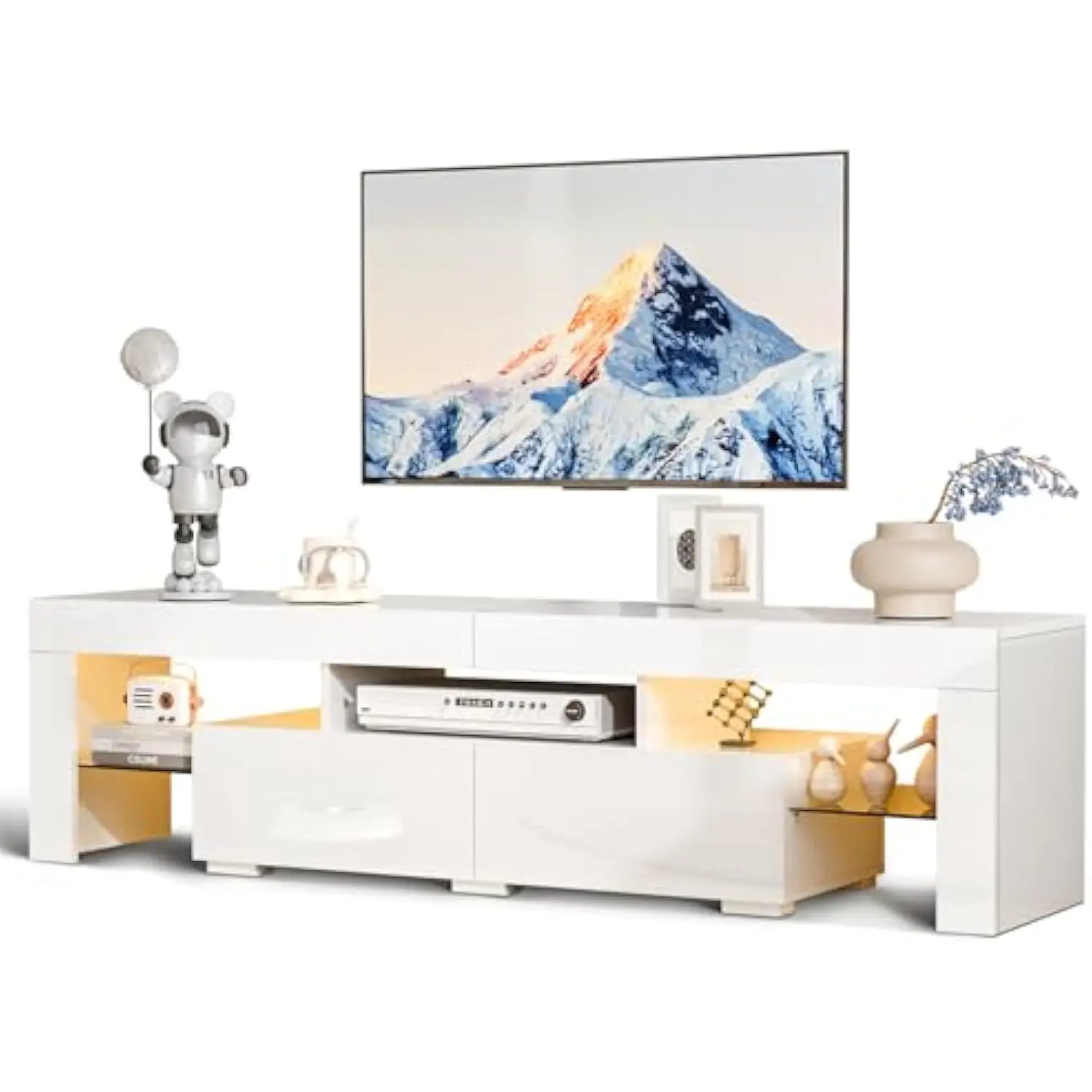 

LED TV Stand, 63'' High Glossy Modern Entertainment Center with LED Lights and Storage for 55/60/65/70 Inch TV (White, 63'' x