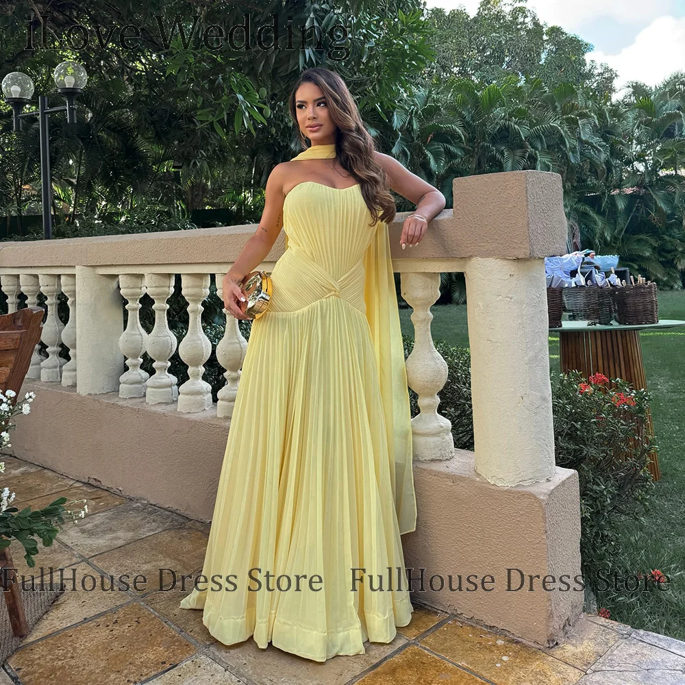 

Bespoke Occasion Yellow Sweetheart Collar Chiffon Draped Formal Evening Dress Floor Length Backless Saudi Arab Dress with Shawl