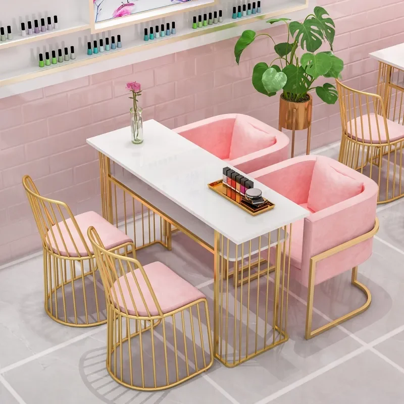 Nordic Marble Manicure Table Gold Frame Double Layer Nail Desk Simple Luxury Beauty Salon Station for Single or Double Use