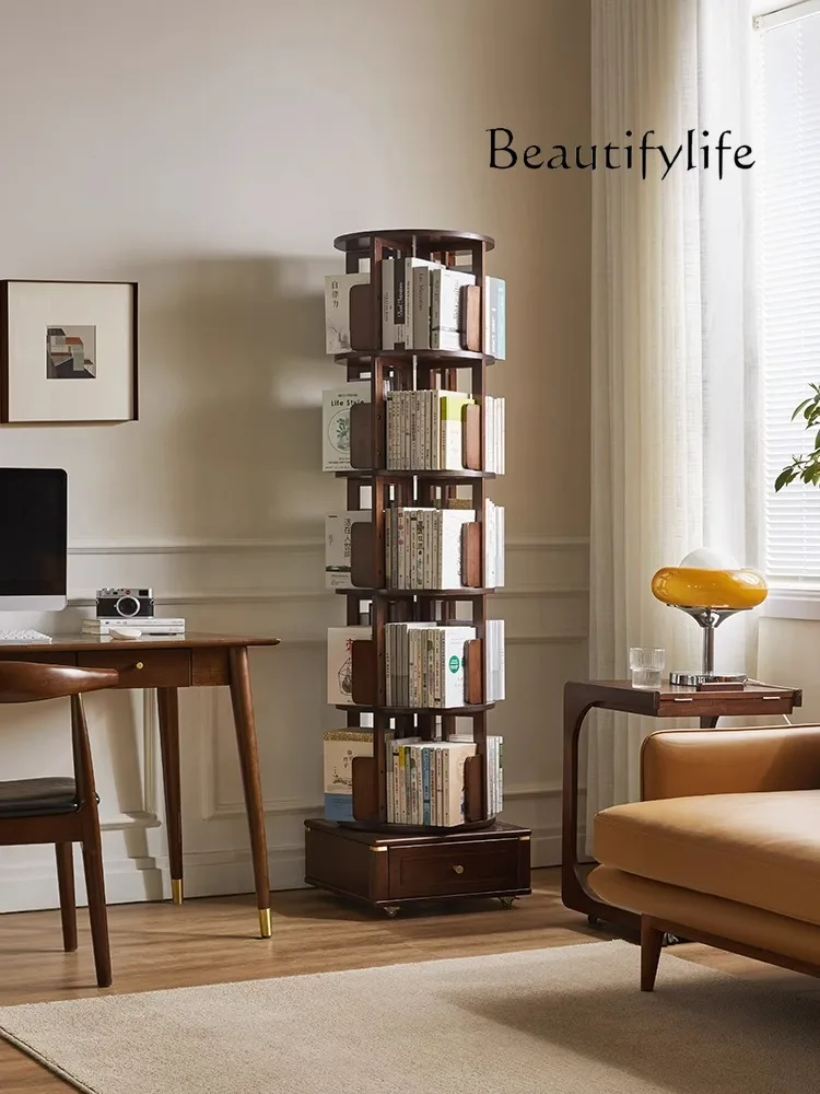 New Chinese Style Solid Wood Rotating Floor Shelf Movable Bookcase with Wheels 360 Degrees Books Storage Fantastic