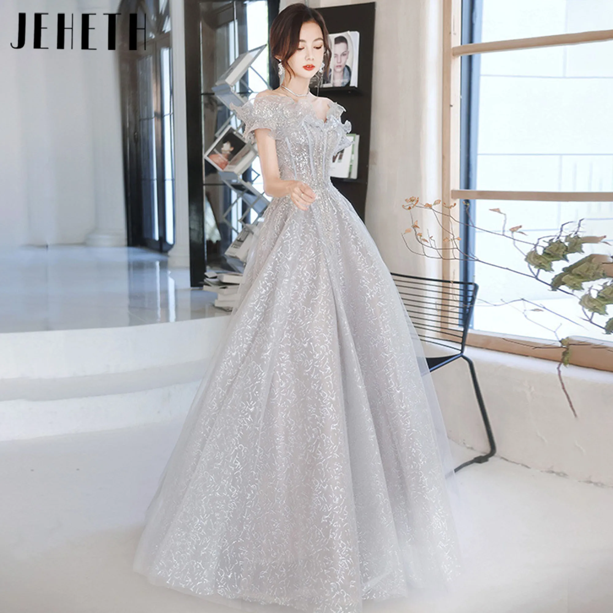 

JEHETH Customized Silver-Gray Party Prom Dress Sparkle Princess Evening Dress for Women Long Off the Shoulder платье на