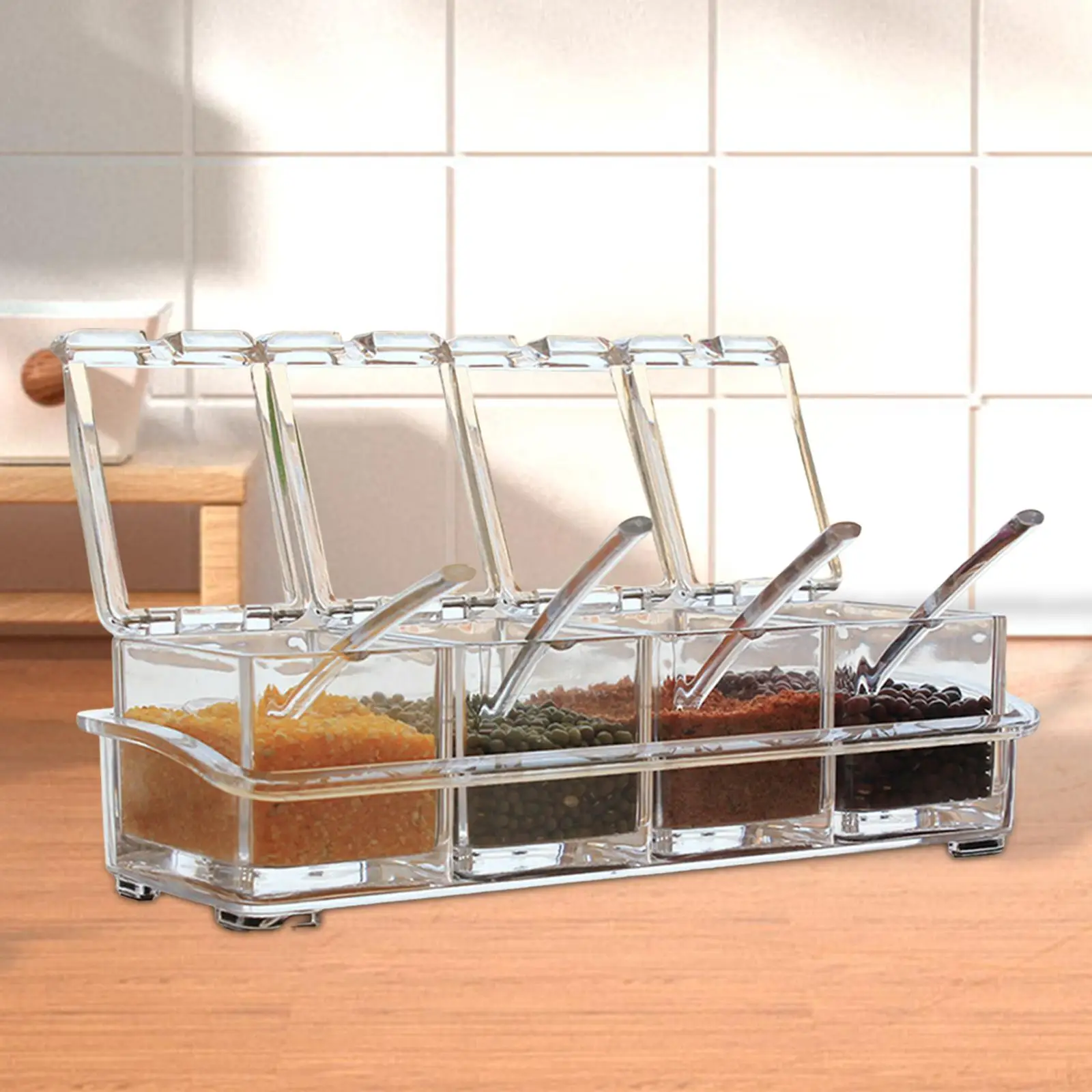 

Прозрачная коробка для приправ, многоцелевая с крышкой, прозрачный 4-сетчатый контейнер для приправ, горшок для специй для обеденного стола, общежития, кемпинга, пикника