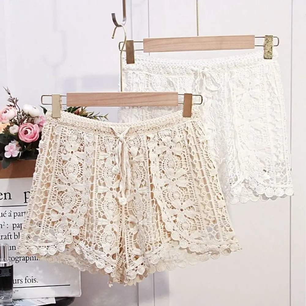Fashion Polyester Lace Safety Pants Hollow Out Lace-up Crochet Shorts Lace Bohemian Style Hollow Out Shorts Women