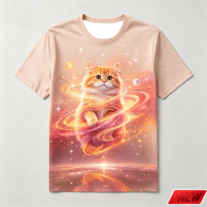 Men 3D Print Crew Neck T Shirt Cute Ginger Cat Galaxy Star Graphic Summer Short Sleeve Top Novelty Casual Streetwear Unisex Tee