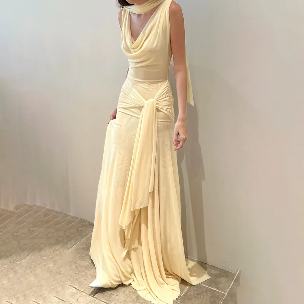 

Customized Unique Waist Pleated Design Sleeveless Gorgeous Prom Gowns For Women Long Evening Dress Vestidos De Fiesta Elegantes