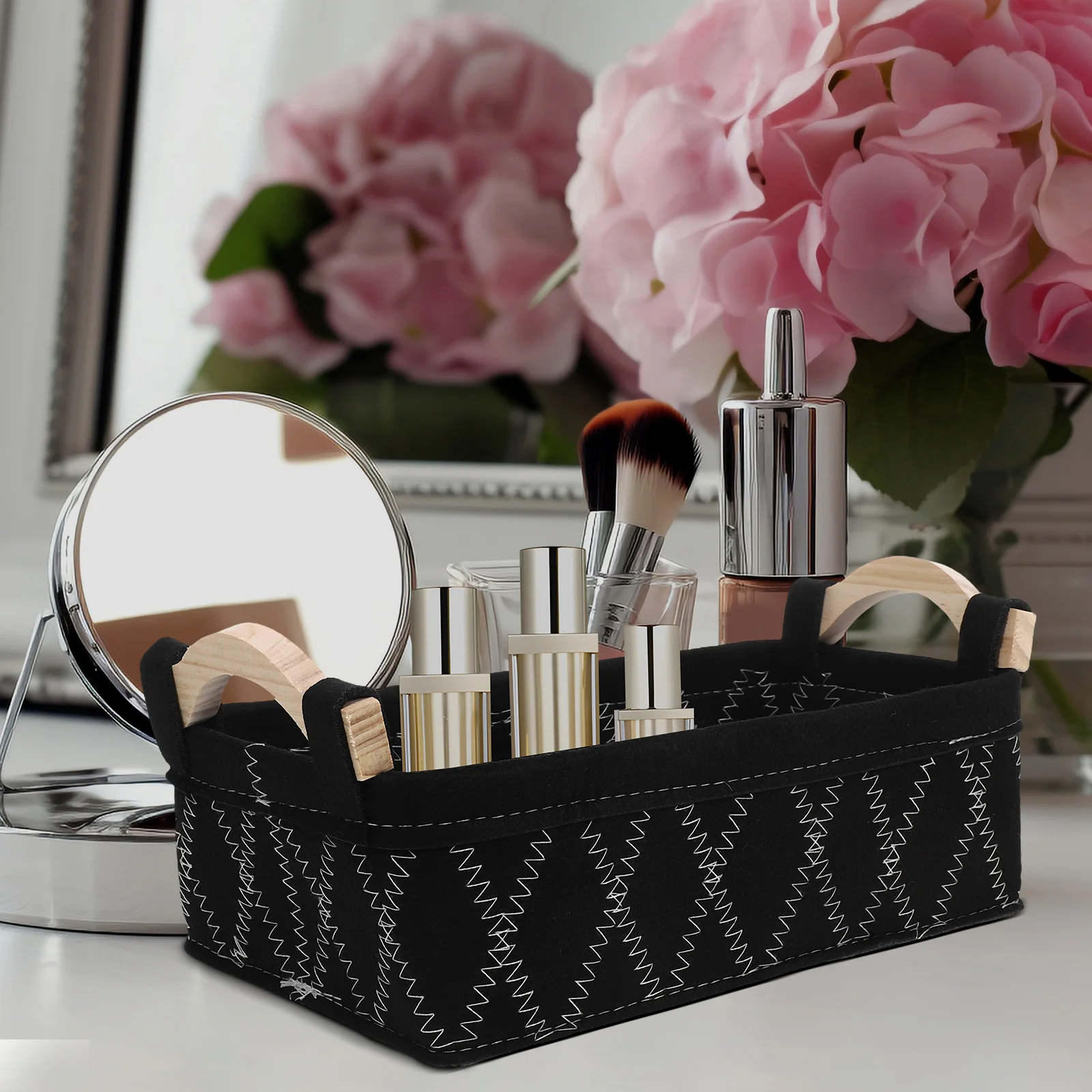 

Rectangle Felt Storage Basket with Wooden Handles Decorative Organizer Bin for Makeup Snacks Cosmetics Home Office